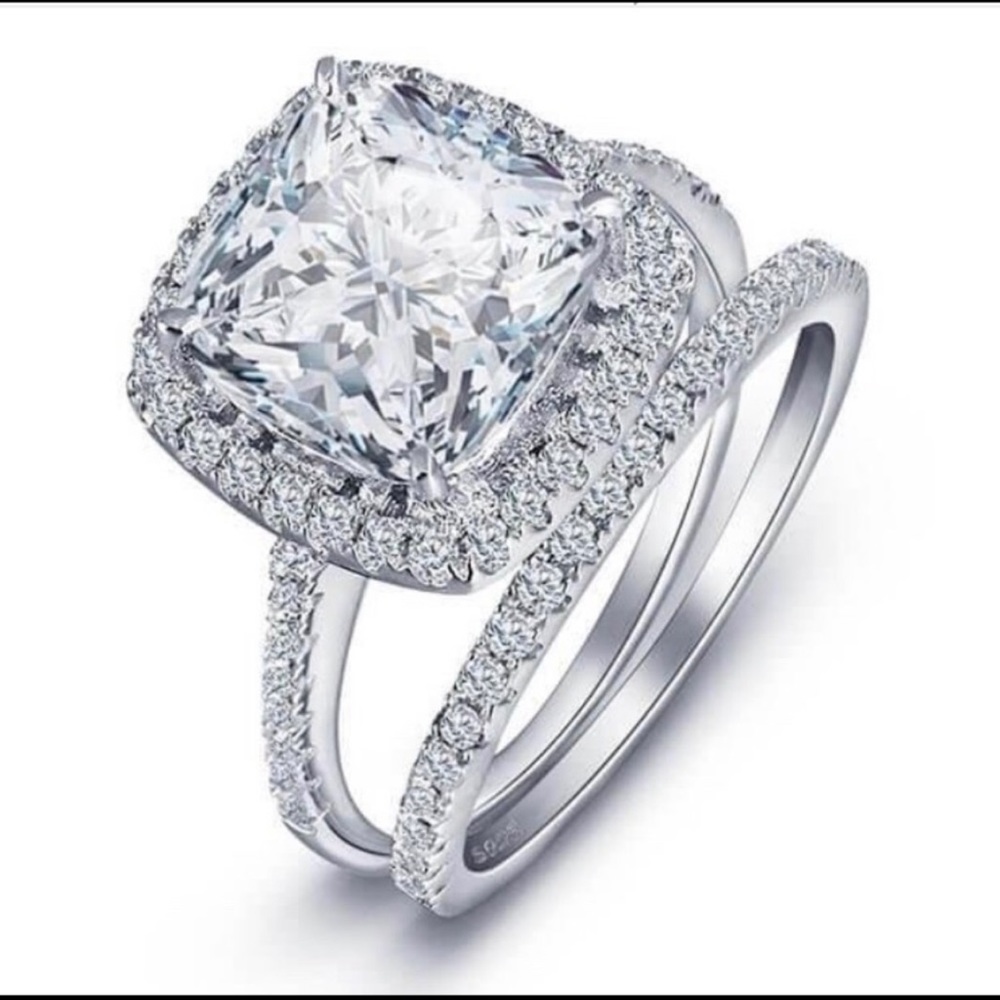 New 3.2 CT Cushion Cut Halo White Sapphire 14k White Gold Plated Bridal Ring Set - Picture 15 of 15
